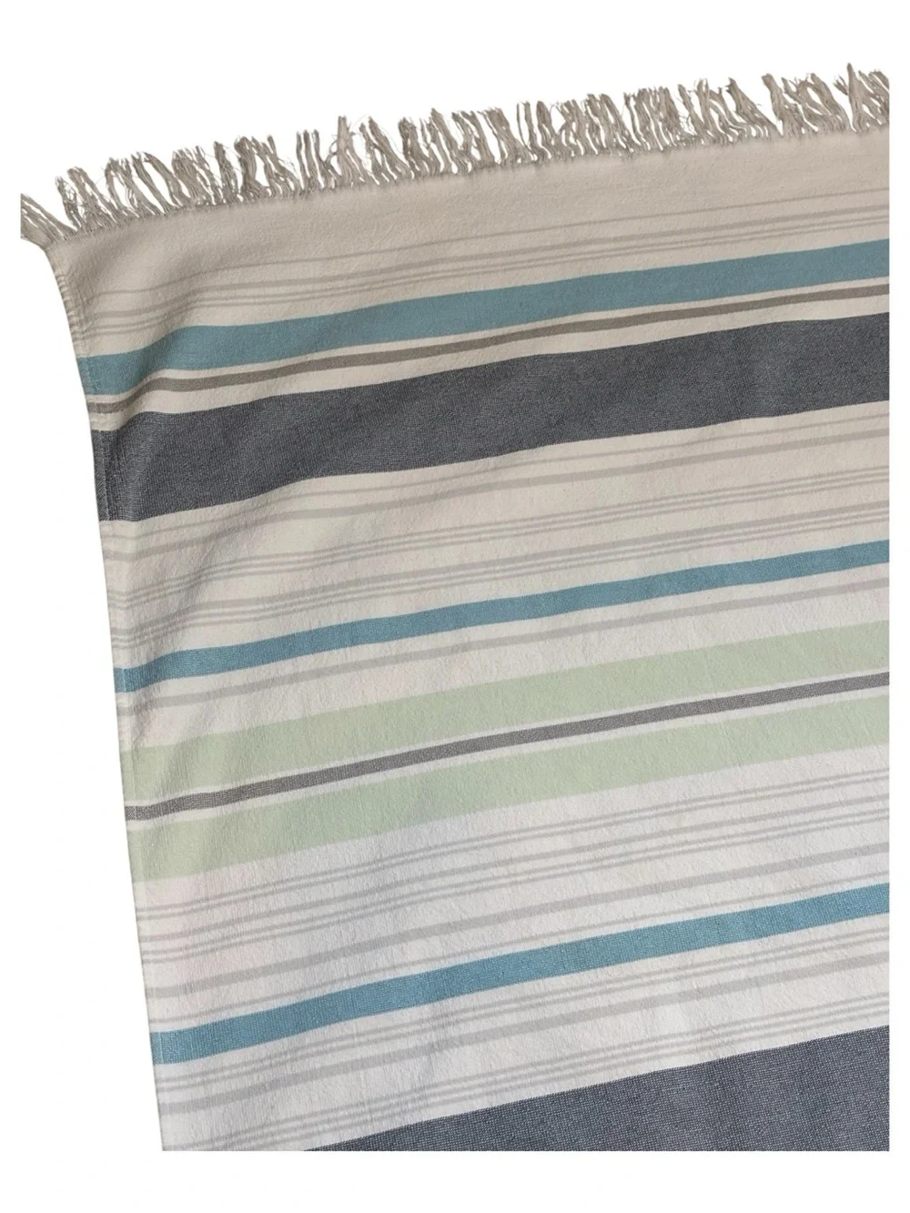 Coyuchi Flat Weave Striped Beach Towel Fringe Edge Blue Gray Green White 70”x37